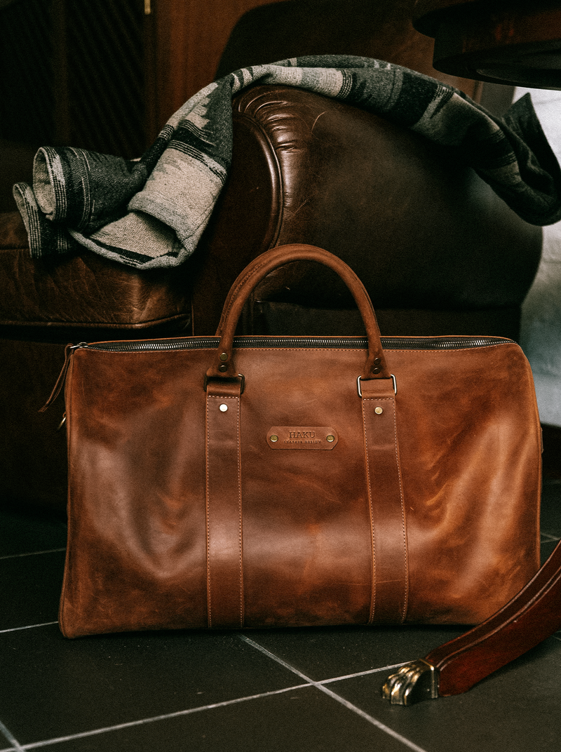 Logo-Print Full-Grain Leather Duffle Bag